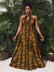 Slaydiva Women's Hollow Out Simple Long Floral Print Dress, Casual Resort Wear - Brown - View 6