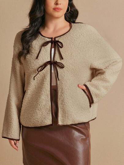 Elaquor Plus Size Women Tie-Up Contrast Trim Bowknot Jacket For Autumn/Winter