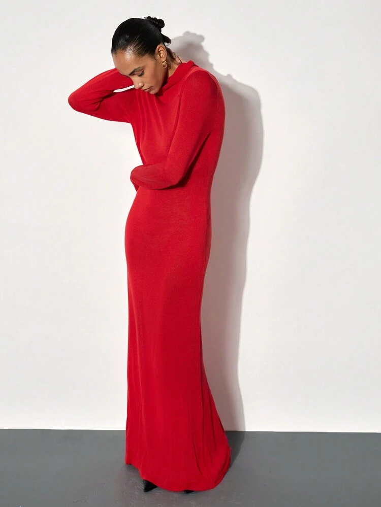 SHEIN Maija Women Elegant Stand Collar Long Sleeve Bodycon Christmas Party Sweater Dress, Red, Autumn/Winter