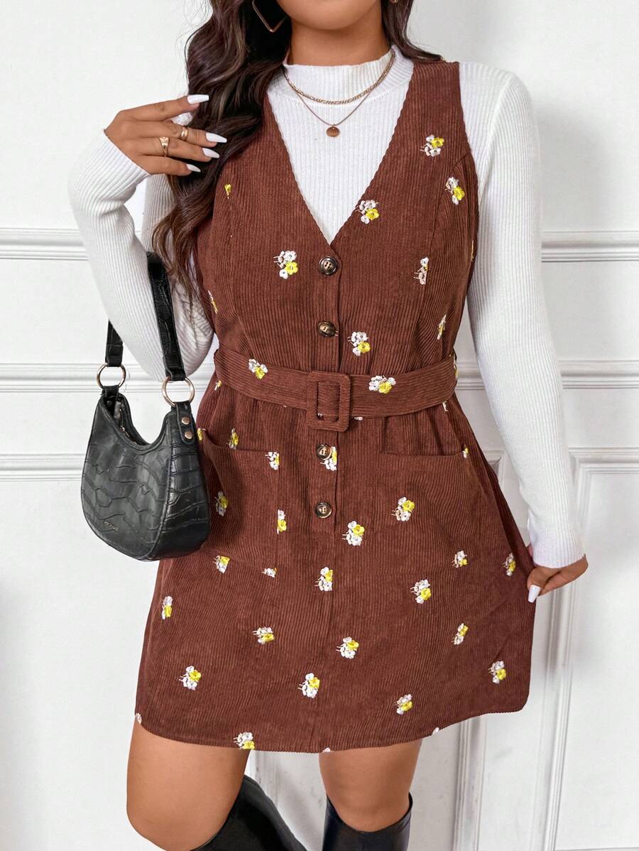 SHEIN Frenchy Autumn/Winter Corduroy Embroidered Pinafore Dress Plus Size, Detachable & Adjustable Waistband, Collegiate Style - Coffee Brown - View 1