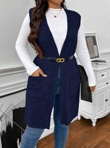 SHEIN Clasi Chaleco de punto sin mangas clásico y elegante de talla grande en gris con bolsillos, para invierno