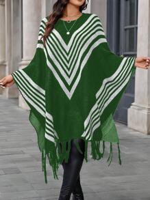 Calvaya Pull ample pour femmes avec rayures, col rond, manches chauve-souris et ourlet à franges. Convient pour l'automne et l'hiver