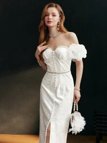 MOTF PREMIUM 露肩立体花朵鸡尾酒礼服 - 白色 - 查看 5