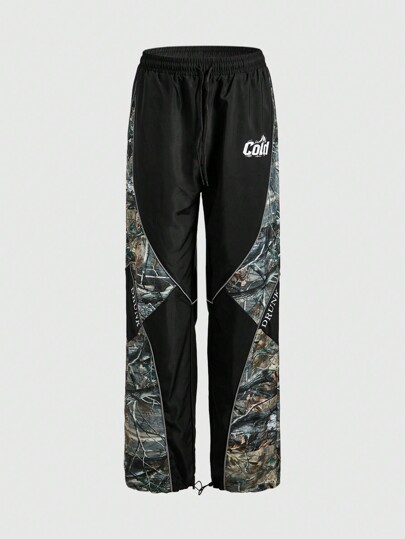 Street Life بنطلون رجالي عادي اللون باتشورك أمامي مُربط جيب، بطبعة حرفية، بسيط، كاجوال