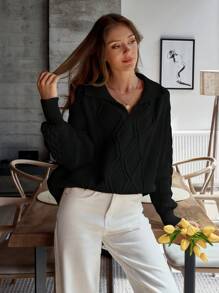 EURMUSE 女士纯色长袖纹理针织简约上衣，休闲日常穿着