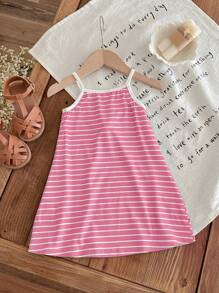 SHEIN LMoss Kids Baby Girl LMoss Summer Cute Knitted Elastic Striped Color Block Cami Dress - Pink - View 2