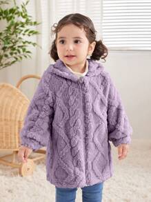 SHEIN Leap Crew 女婴长袖圆领毛绒纹理连帽夹克，适合派对，秋冬季