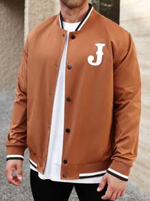 Manfinity Homme Plus Size Men's Casual Contrast Color Trim Letter Print Jacket, Autumn - Bronze - View 1