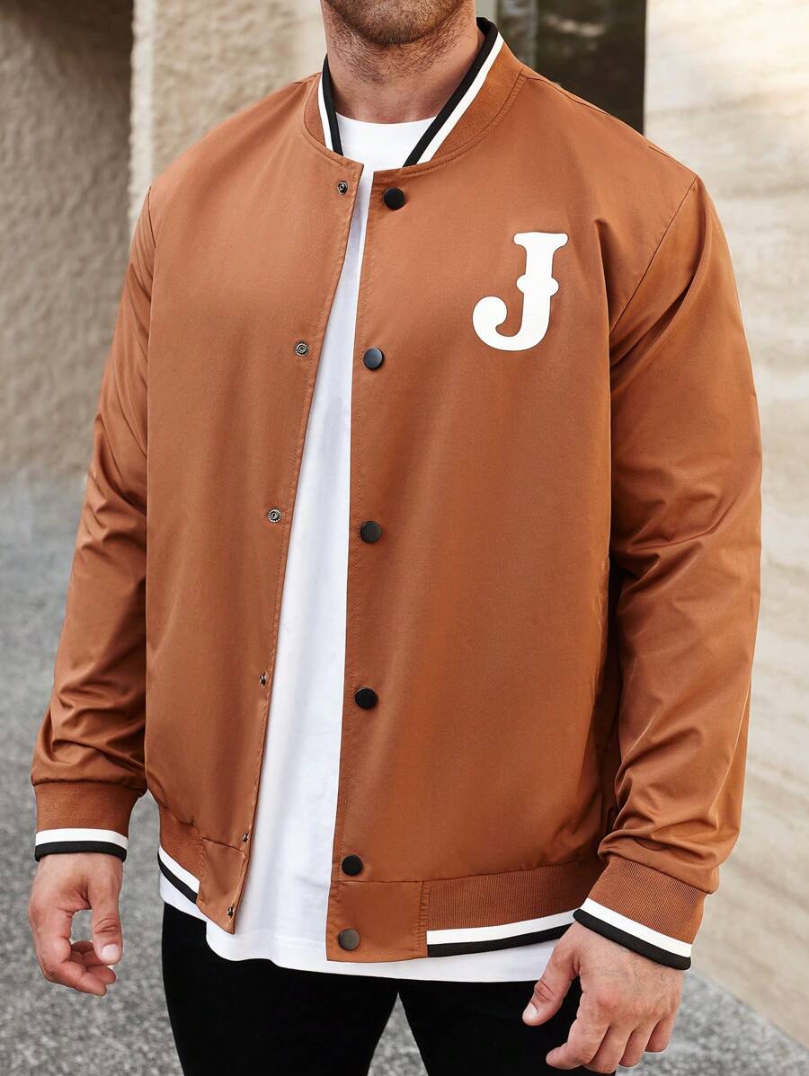 Manfinity Homme Plus Size Men's Casual Contrast Color Trim Letter Print Jacket, Autumn - Bronze - View 1