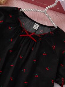 可爱樱桃印花女童荷叶边简约法式柔软透气提花泡泡雪纺睡袍 - 黑色 - 查看 3