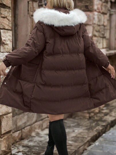 SHEIN LUNE Plus Size Fluffy Hooded Feathers& Down Jacket, Winter Casual