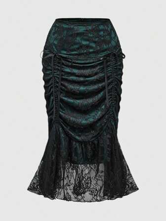 Goth Falda plisada ajustable de Navidad estilo gótico vintage en verde oscuro y negro con encaje, reversible