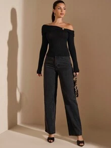 SHEIN BAE Women's Elegant Black Long Sleeve Top,Autumn Asymmetric Off-Shoulder Knitted Twist Metal Decor Minimalist Shirt For Night Out Cocktail Party - Black - View 4