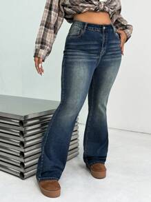 SHEIN ICON 大码星光水钻装饰蓝色弹性紧身喇叭牛仔裤 - 深色水洗藍 - 查看 5