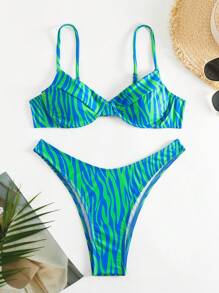 Swim Mod Summer Beach Striped Print Underwire Bikini Set, Vacation Bikini - Cadet Blue - View 6