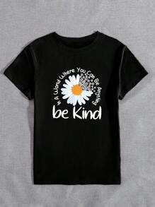 INAWLY 女士花卉图案印花圆领短袖休闲 T 恤图案 T 恤女式上衣 - 黑色 - 查看 3