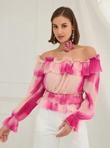 Enchnt Spring Romantic Women Off Shoulder Long Sleeve Gathered Printing Minimalist Casual Top,For Valentine's Day& Sweet Date&Daily Commuting,Vacation Top - Pink - View 4