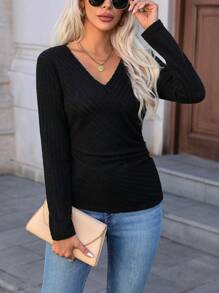 SHEIN LUNE 长袖 T 恤，带纹理褶皱，适合休闲居家或户外穿着 - 黑色 - 查看 1