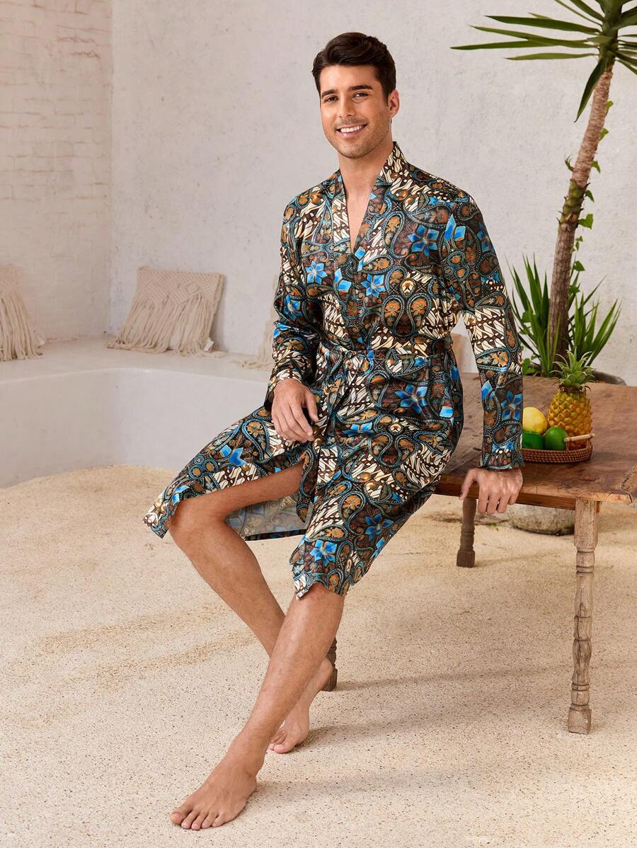 Men's Full Print Front-Tie Long Sleeve Casual Loungewear Robe