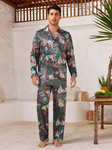 Manfinity ChillVibe Men's Retro Print Long Sleeve And Pants Pajama Set - Multicolor - View 3
