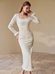 MOTF PREMIUM SUKIENKA Z PERŁOWYMI KORALIKAMI I KONTRASTOWYM WYKOŃCZENIEM - Morela - Zobacz 8