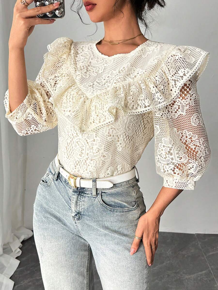 Chiquease Áo cánh ren viền bèo nhún màu trơn thanh lịch, mùa thu - Màu be - Xem 1