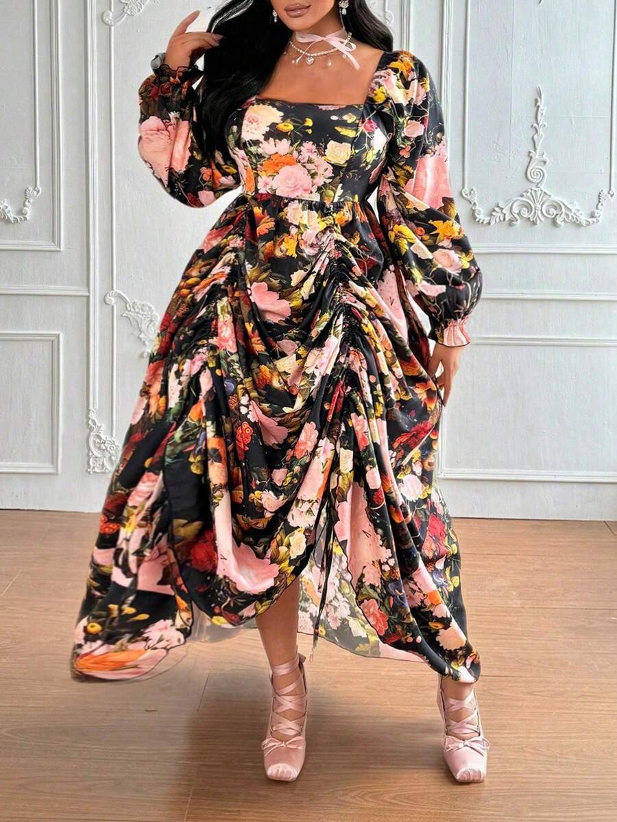 Lyrianda Plus Size Square Collar Floral Oil Painting Print Long Sleeve Drawstring Ruched Vintage Elegant Palace Style Maxi A-Line Dress For Party & Occasion