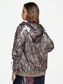 ROMWE Street Life Y2K Streetwear 蝴蝶结和英文刺绣迷彩/字母印花女式运动衫 - 棕色 - 查看 6