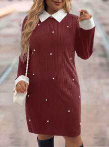SHEIN LUNE Plus Size Spring/Fall Casual Color Block Beaded Decoration Dress Winter Clothes, Dress With Sleeves, Black Long Sleeve Dress, Thanksgiving Dress