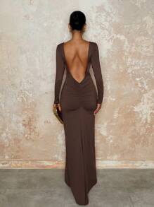 SHEIN BAE 白色纯色优雅长袖针织连衣裙，紧身褶饰细节和镂空后背，适合聚会、浪漫约会、鸡尾酒会、伴娘礼服和秋冬季分层穿着