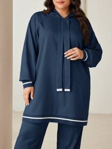 Veilorie 2 Pieces Set Plus Size Solid Color Hooded Sweatshirt And Pants 2 Pieces Set - Dusty Blue - View 1