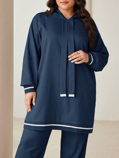 Veilorie 2 Pieces Set Plus Size Solid Color Hooded Sweatshirt And Pants 2 Pieces Set