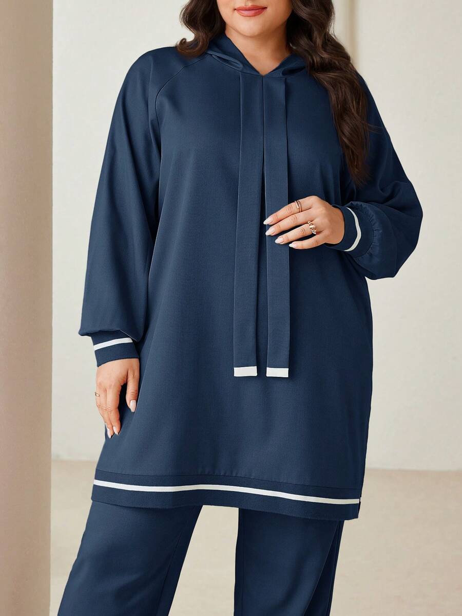 Veilorie 2 Pieces Set Plus Size Solid Color Hooded Sweatshirt And Pants 2 Pieces Set - Dusty Blue - View 1