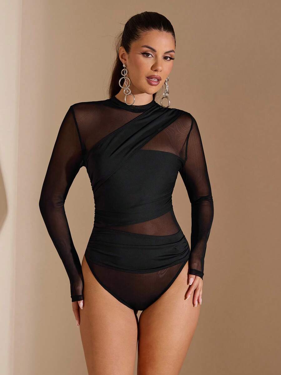 Women's Asymmetrical Long-Sleeved Transparent Bodysuit With Drawstring, Suitable For Cocktail Parties, Dates, Autumn/Winter Base Layer, Parties, Formal Events, Nights Out, Halloween, Christmas - màu đen - Xem 1