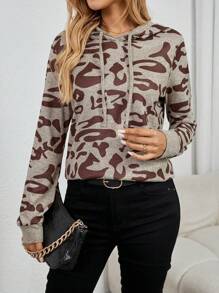 SHEIN LUNE Áo nỉ dài tay cổ có mũ in họa tiết toàn thân dành cho nữ, kiểu dáng thường ngày, đa năng, thích hợp cho mùa thu. - Nhiều màu - Xem 3
