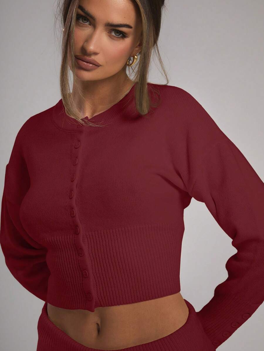 MUSERA 针织纽扣开衫 Y2K 春季休闲可爱 90 年代阳光冬季休闲派对 - 酒紅色 - 查看 1