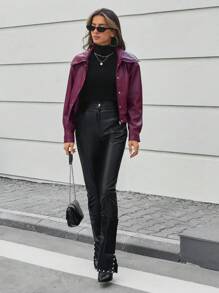 EURMUSE Red PU Leather Jacket With Long Sleeves, Zipper And Shoulder Drop - Burgundy - View 7