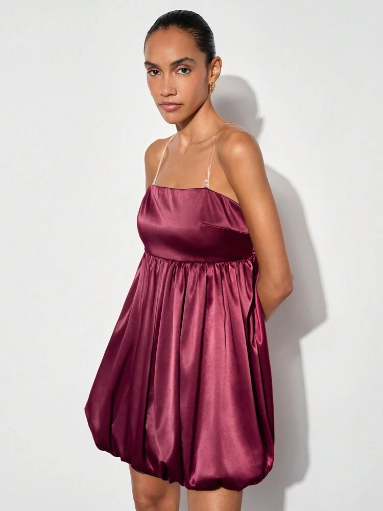 SHEIN Maija 여성 우아한 빨간색 새틴 & 새틴 탈부착 스트랩 랩 헴 패션 크리스마스 파티 미니 스파게티 스트랩 드레스, 가을/겨울