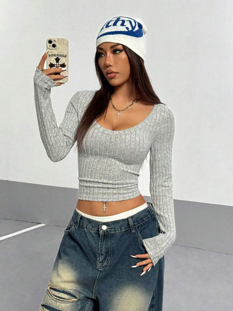 StreetHx 女士冬季纯色 V 领长袖修身羊毛 T 恤，百搭百搭秋装 - 灰色 - 查看 1