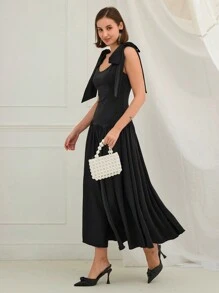 Enchnt Women's Elegant Solid Color Belted Sleeveless Dress,Christmas Dress, Sexy Dress, New Years Dress ,Winter Outfits,Elegant Women Dresses,Holiday Dress,For Christmas Party&Romantic Dinner Dates - Black - View 6