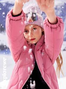 SHEIN Tween Girl Clothes Girls Winter Coat Padded Coat Zip Up Print Cold Weather School Casual Outdoor - Baby Pink - View 3