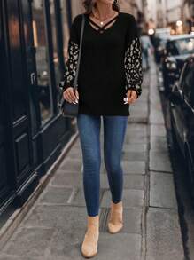 EMERY ROSE Women Casual Leopard Print Patchwork Sweater, Autumn/Winter
