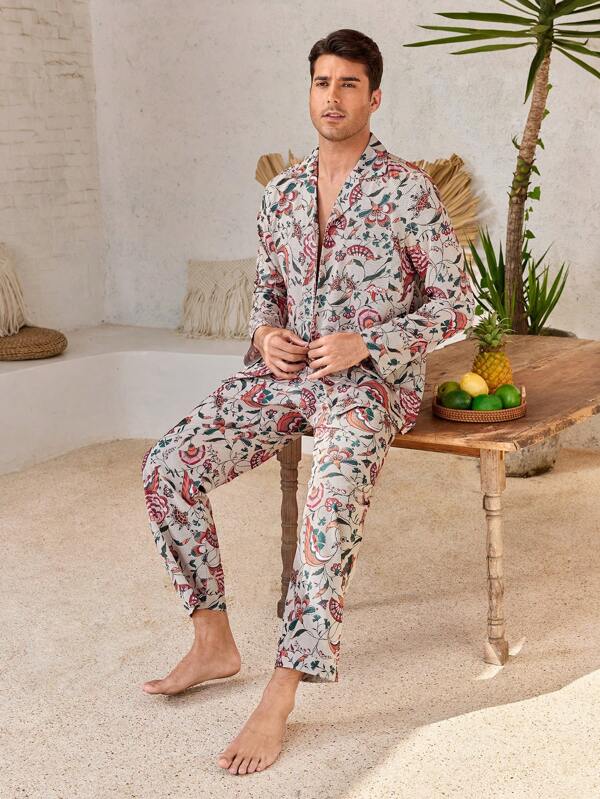 Manfinity ChillVibe Set 2 Piese Barbati Print Print Plant, Top Si Pantaloni Cu Maneca Lunga, Pijamale