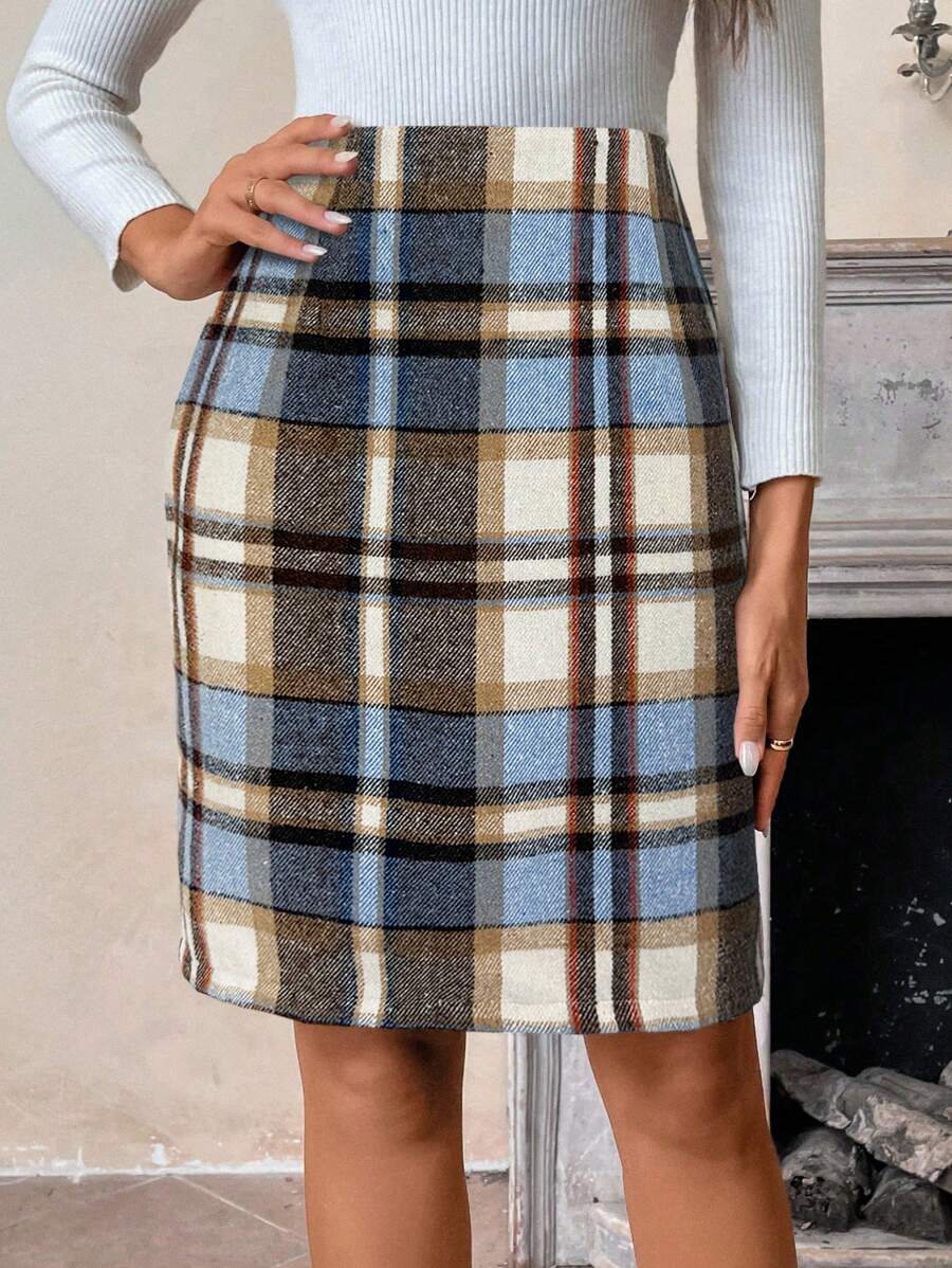 SHEIN LUNE Chân váy bút chì xẻ tà kẻ caro cạp cao cho nữ, Thu/Đông - Nhiều màu - Xem 1