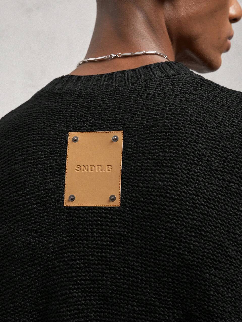 Men's Oversized Crew Neck Drop Shoulder Long Sleeve Knit Sweater With Logo Leather Patch, Casual Wear, Brown, For Fall Winter