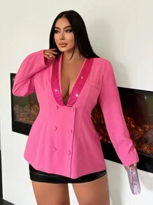SHEIN SXY Plus Size Women Sequined Patchwork Blazer Jacket,Hot Pink Summer Elegant Party Magenta Nightclub Wedding New Year Prom Cocktail Body Modification - Hot Pink - View 3