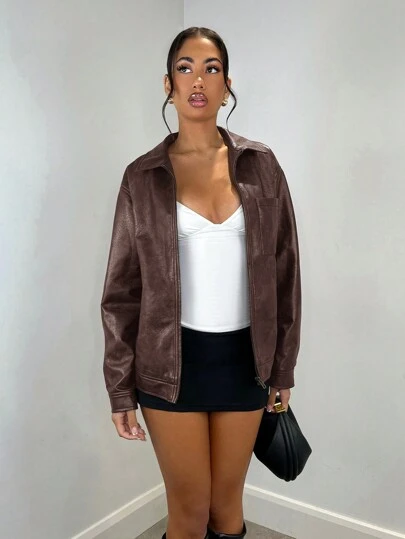 SHEIN BAE Women Solid Color Zipper Casual Versatile Long Sleeve Jacket Brown Faux Leather Mottled Texture Belted Hem Biker Jacket Vintage Distressed Leather Winter Women Clothes Women Jackets Thanksgiving Christmas Women Clothes