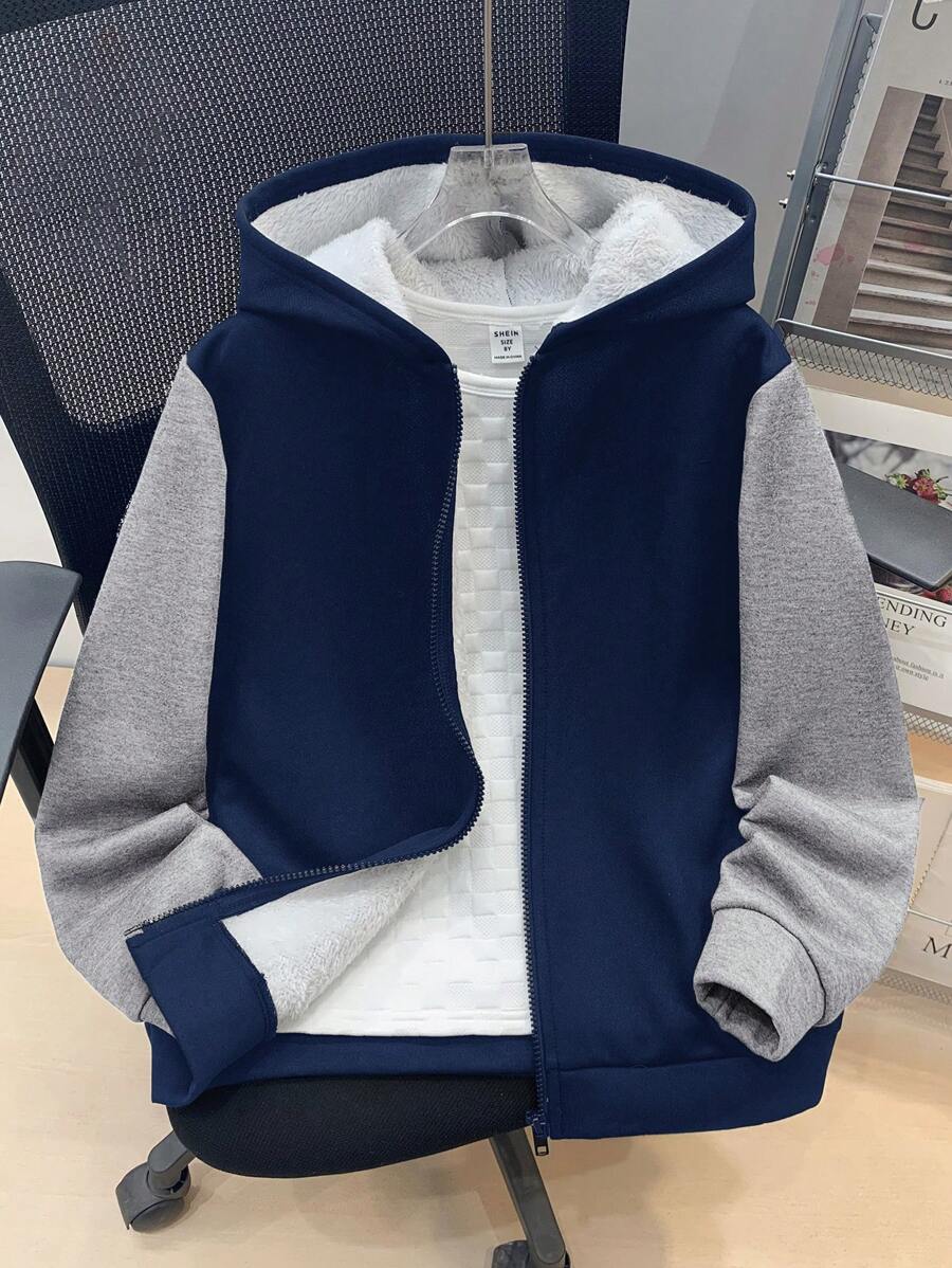 SHEIN 儿童/青少年男孩休闲拼色连帽夹克,带毛绒衬里,适合学校、花园、海滩、生日、春/夏/秋/冬 - 藏蓝色 - 查看 1
