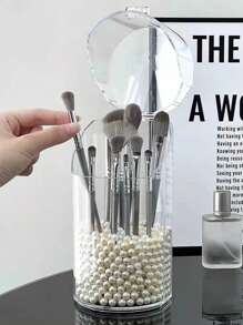 1pc Makeup Brush Holder With Lid,Dustproof Cosmetic Brush Organiser Storage Box,Minimalist Plastic Square Pen Holder And Makeup Brush Storage Bucket,Transparent Cosmetic Storage For Bedroom And Home Essentials,Display Cases Protect Brushes Storage (No Pearls)