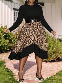 Slaydiva New Thanksgiving Outfit Women Clothes Winter Women Business Casual Asymmetrical Hem Black Leopard Print Long Sleeve Knit Midi Dress For Holiday, Christmas, New Year - Multicolor - View 3